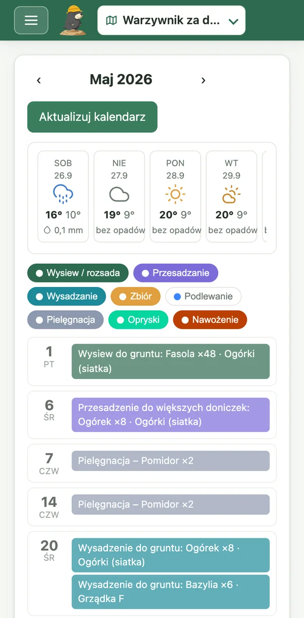 Kalendarz na telefonie: prognoza pogody z ikonami i lista prac na kolejne dni maja